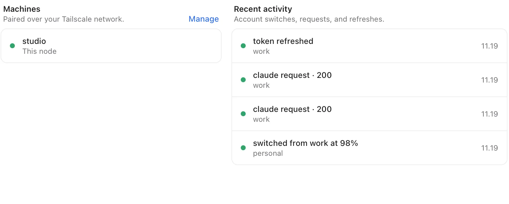 Paired machines next to a log of requests, refreshes and account switches