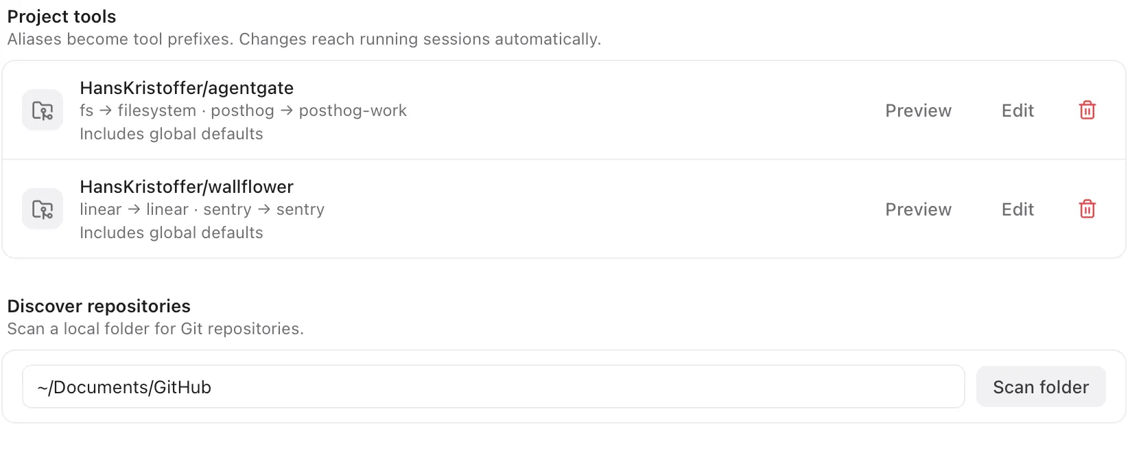 Two repositories, each mapped to its own set of MCP servers